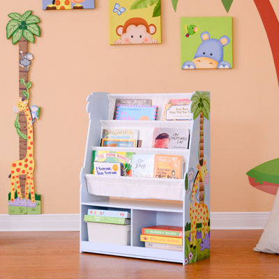 Teamson Kids Sunny Safari 3-Tier Front-Facing Wooden Bookshelf with Fabric Slings and Storage Cubbies for Playroom by Teamson Kids