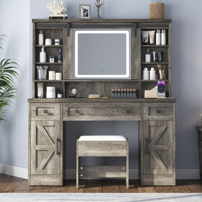 Chimira Farmhouse Makeup Vanity Desk with Sliding Mirror by August Grove