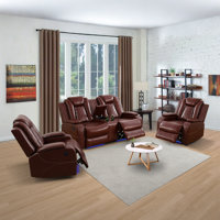3-Pieces Breathable Leather Power Reclining Living Room Set USB Charging & Storage & Cupholders: Loveseat+Chair+Chair by Brayden Studio
