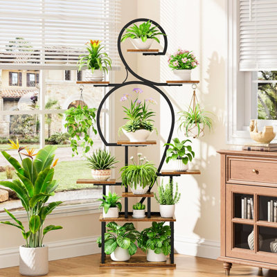 9 Tiered Indoor Plant Stand With Grow , Large - Shaped Metal Structure For Multiple Plants In Balcony, Walnut+Black Color Mix, Open Back Horizontal Sh by ArtisanArcade