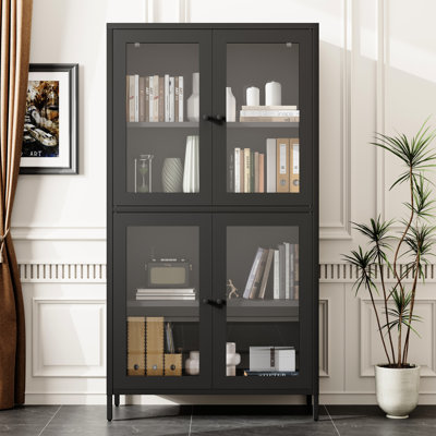 Arthemus Metal Cabinet With 4Mm Thick Glass Doors And 4 Shelves - Hobby Room Black Steel Adjustable For Entryway by Latitude Run
