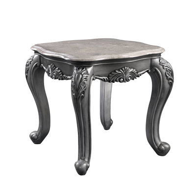 Handson Transitional Rectangular End Table with Natural Marble Top in Platinum by Rosdorf Park