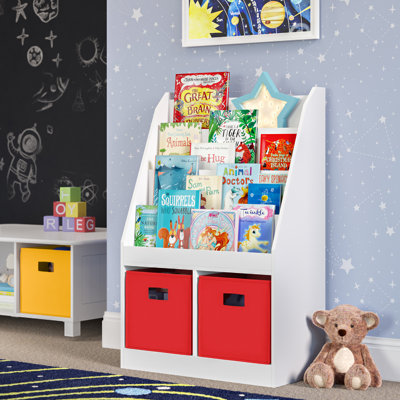 RiverRidge Kids Bookshelf and Toy Storage Organizer with 4 Bookracks and 2 Cubbies for Playroom, Nursery, and Reading Nook - White with 2 Fabric Bins by RiverRidge Home