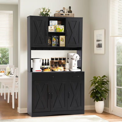 71" Kitchen Pantry Storage Cabinet, Farmhouse Hutch Cabinet With Microwave Stand, Tall Food Pantry Cabinets W/2 Drawers & 6 Hooks, Charging Station, S by GIODIR