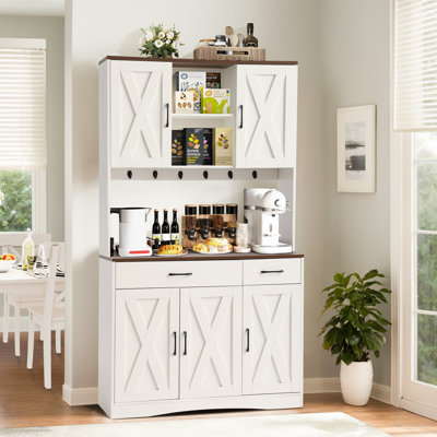 71" Kitchen Pantry Storage Cabinet, Farmhouse Hutch Cabinet With Microwave Stand, Tall Food Pantry Cabinets W/2 Drawers & 6 Hooks, Charging Station, S by GIODIR