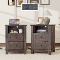 Hutchison Nightstand With Charging Station, Farmhouse Side Table With 2 Tiers Storage Drawer And 1 Open Wood Cubby For Bedroom, Office, Barnwood by Laurel Foundry Modern Farmhouse