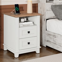 Hutchison Nightstand With Charging Station, Farmhouse Side Table With 2 Tiers Storage Drawer And 1 Open Wood Cubby For Bedroom, Office, Barnwood by Laurel Foundry Modern Farmhouse