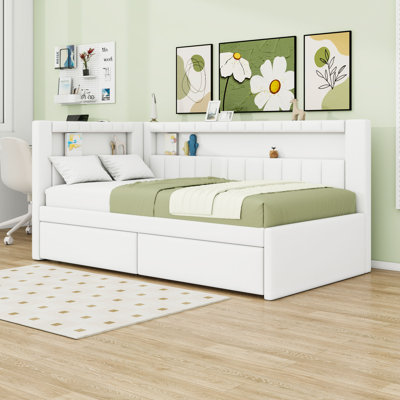 Twin Wooden Upholstered Daybed Bed with Storage Drawers, LED Lights and USB Ports