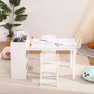Toddler Table and 2 Chair Set, Kids Drawing Table and 2 Chairs Set, Child Craft Desk with Storage Shelves, Paper Roller, Wooden Art Table Activity Tab by babevy