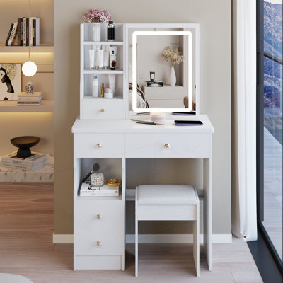 Left Drawer Desktop Vanity Table + Cushioned Stool by BURDOCK
