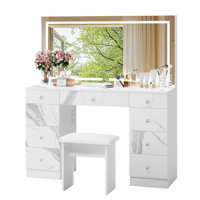 47"W Glass Top Vanity Set With LED Mirror & Power Outlets, 9 Drawers With Diamond Handles by Mercer41
