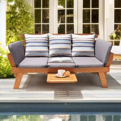 Katinka Eucalyptus Outdoor Daybed Sofa with Folding Armrest & Coffee Tray with 3 Pillows by George Oliver