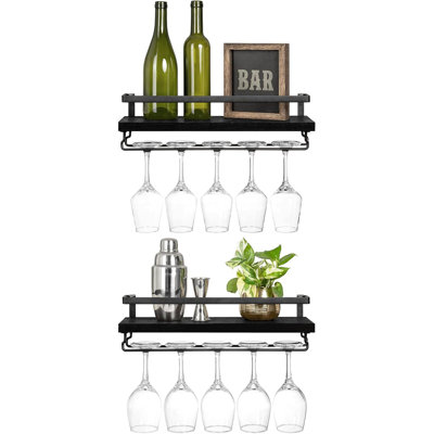 2-Pack Wall Mounted Wood Wine Rack - Rustic Floating Shelves with Stemware Hanger, Modern Display for Wine Bottles/Glasses/Plants/Photos, Black for Ki by TIFONE
