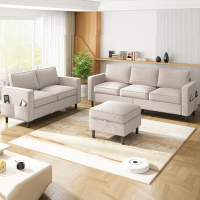 2 Piece Livingroom Sofa Set,“3+2â€Seater 78â€W Linen Fabric Sofa Couch with Flexible Storage Ottoman,Solid Wood Frame,For Apartment Bedroom Office by Balus
