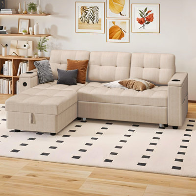 Balconera 2-In-1 Beige Pull Out Sleeper Sofa L-Shaped Sofa Bed Couch For Living Room by Balconera