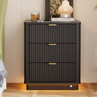 Curved Night Stand With Charging Station Lighting, Wood End Table With 3 Drawers by BONITURE