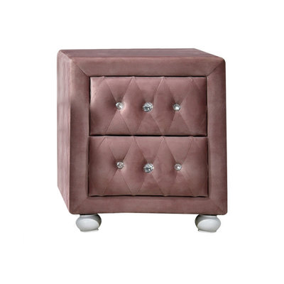 Rex 17 Inch Modern Upholstered Nightstand, 2 Drawer, Crystal Handles, Pink by Benjara