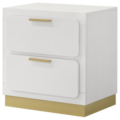 Caer Nightstand, 2 Drawers, Gold Accent Recessed Base, Bar Handles by Benjara