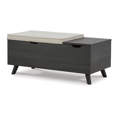 Yasmin Storage Bench, Black Gray Wood, Beige Polyester, Foam, 39 Inch by Benjara