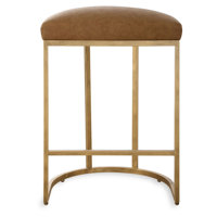 Gyn Counter Height Stool, Brown Faux Leather, D Seat, Gold Cantilever Base by Benjara
