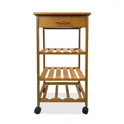 Harry Kitchen Bar Cart, 1 Drawer, 3 Shelves, Brown Bamboo, Rolling Wheels by Benjara
