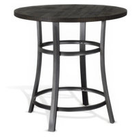 Flint Height Table Round, Dark Brown Mahogany Wood n Metal by Benjara
