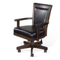 Flint Rolling Swivel Game Chair, Black Faux Leather, Dark Brown Wood by Benjara