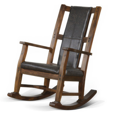 Jenne Rocking Chair, Faux Leather Seat And Back, Antique Dark Brown by Benjara