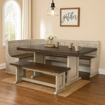 Camie 4Pc Corner Breakfast Nook Set, Gray Brown Dining Table And Bench by Benjara