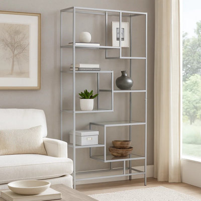 Ziu Accent Bookshelf Etagere, Asymmetrical Glass Shelves, Silver Metal by Benjara
