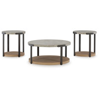 Hein 3Pc Coffee N End Table Set, Gray Round Top W Shelf And Wheels by Benjara