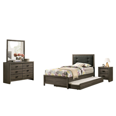 Meli 4Pc Bedroom Set, Upholstered, Dresser, Gray Solid Wood by Benjara