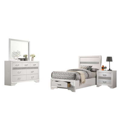 Vino 4Pc Bedroom Set, Storage Footboard, Glitter Stripes by Benjara