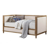 Kyra Twin Daybed With Nailhead Trim, Light Oak Pinewood, Beige Fabric