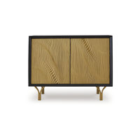 Yien Sideboard Console, 2 Carved Doors, Gold Legs, Black Wood 40 Inch by Benjara
