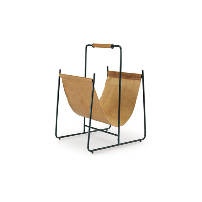 Faron Magazine File Rack With Handles, Black Metal, Brown Leather by Benjara