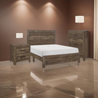 Ko 3 Piece Full Size Bedroom Set, Panel Detailings, Black Metal Handles, by Benjara
