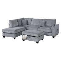 Roe 3Pc Sectional Sofa Set With Chaise, Ottoman, 2 Pillows