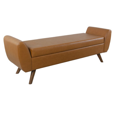 Rae Storage Bench Ottoman With Arms, Brown Faux Leather, Wood, 60 Inch by Benjara