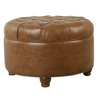 Gery Accent Storage Ottoman, 25 Inch Round Tray Top Brown Faux Leather by Benjara