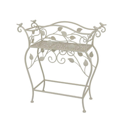 Philip Plant Stand Table, Scrolled Vine Details, Curved White Metal by Benjara