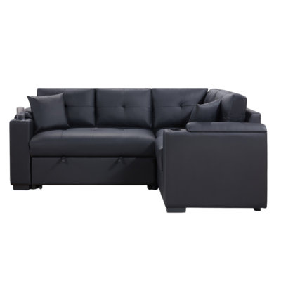 Nov Sectional Sleeper Sofa, 2 Pillows, USB Charger, Black Faux Leather by Benjara