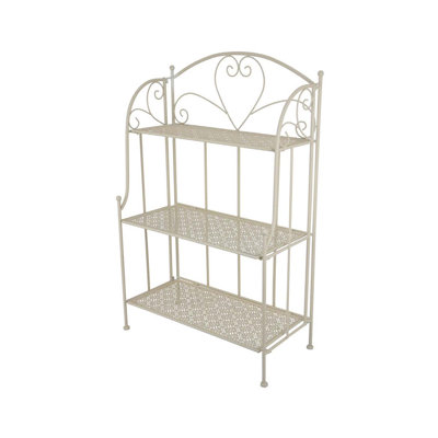 Modern Plant Stand With 3 Tier Shelves, Scrolled Floral White Metal by Benjara