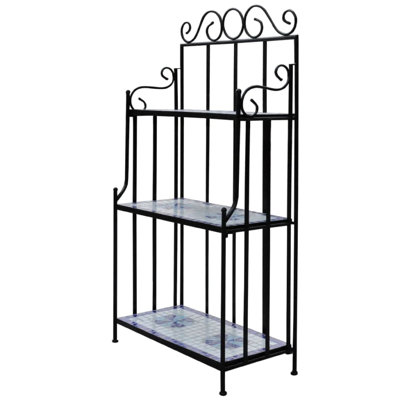 Bruno 3 Tier Plant Stand, Blue White MosaicIron, Artistic Finish, 45 Inch by Benjara