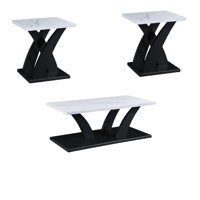Zen 3Pc Coffee And End Table Set, White Faux Marble, Black Legs by Benjara