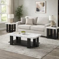 Bexy 3Pc Coffee And End Table Set, White Faux Marble Top, Black Shelf by Benjara