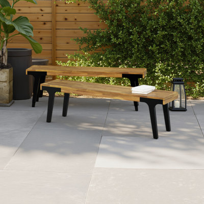 Sheldon Outdoor Bench Set Of 2, Slat Panel, 63 Inch Brown Wood, Black by Benjara