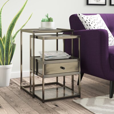 Leeroy Contemporary Glass Frame Rectangular Nesting Table Set with Storage in Antique Brass and Clear by Willa Arlo Interiors