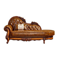 European Solid Wood Carved Leather Chaise Longue Leather Chaise Lounge by Romero