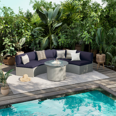 Meredithe Half-Moon 4 - Person Fully Assembled Curved Patio Conversation Set With Fire Pit Table by Latitude Run